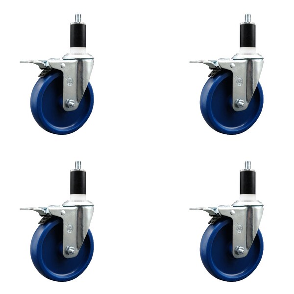 5'' Solid Poly Swivel 1-3/8'' Expanding Stem Caster Set Total Lock Brake, 4PK